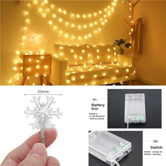 Christmas snowflake string lights 20ft 40 LED battery operated indoor outdoor - Picture 4 of 7